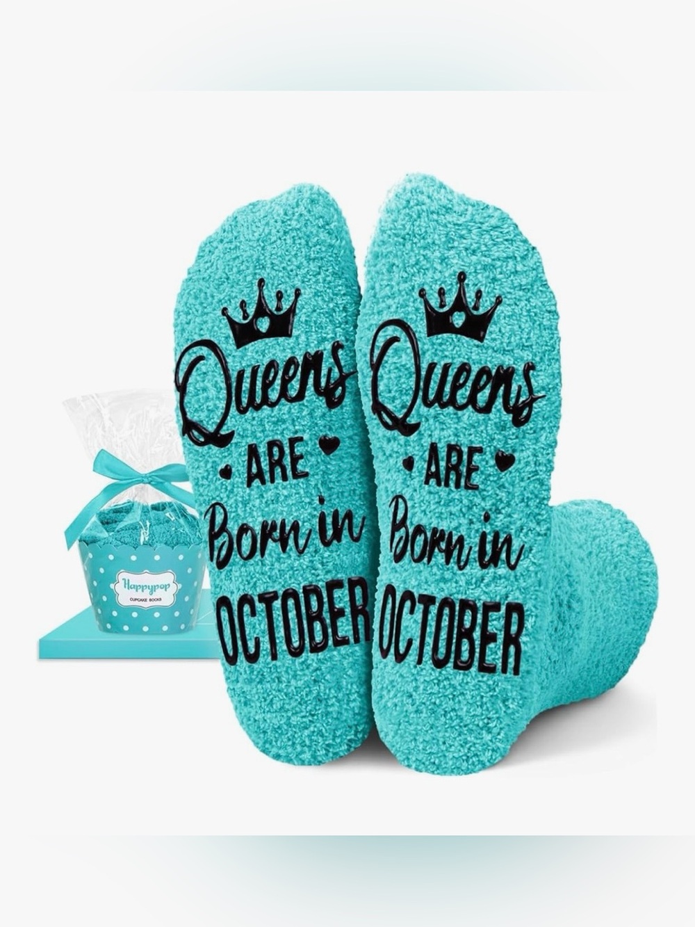 Happypop Turquoise Fuzzy Slipper Socks - "Queens Are Born in October"